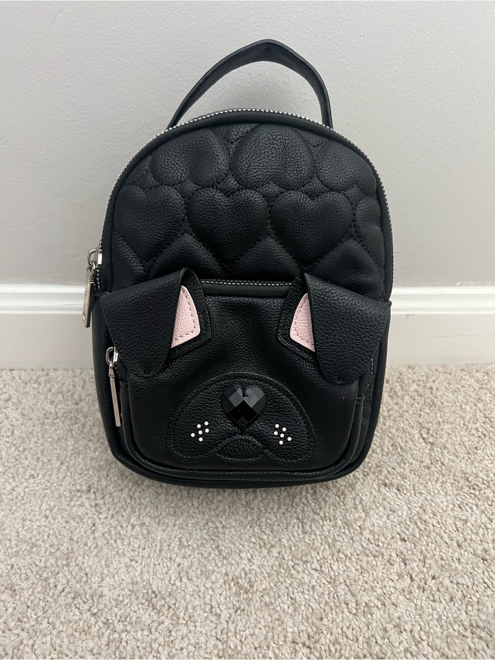 Betsey Johnson Black Quilted Dog Backpack Purse Quilted Floral Lining